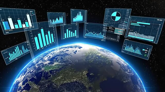 Global Data Visualization: Earth Surrounded by Digital Charts and Graphs