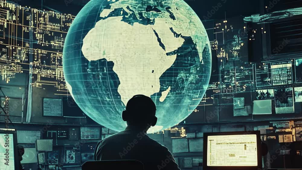 Poster data processing and analysis centered around a globe in a modern tech environment, data processing o