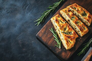 Rustic Rosemary Focaccia Bread on Wooden Board with Dark Background and Fresh Herbs