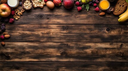 Naklejka premium Top-down view of breakfast ingredients on a rustic wooden table