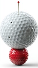 Golf Ball Balance with Red Pin and Ball on White Background Studio Shot for Sports Concepts