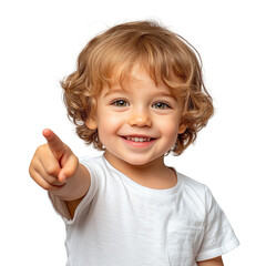Smiling Curly-Haired Little Boy Pointing Finger &ndash; Isolated PNG

