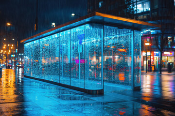 People wait at a bus stop in the rain, holding umbrellas. City lights reflected on wet ground. Grey sky overhead.