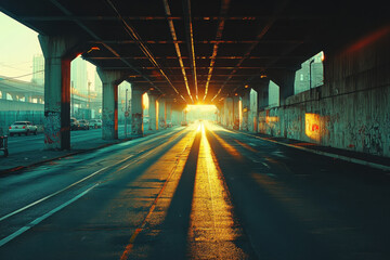 Endless road stretches into the distance with a radiant light beckoning at the far end.