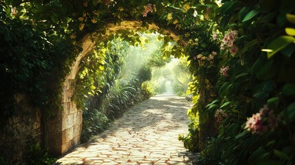 Enchanted Garden Path: A Sunlit Stone Walkway Through Lush Greenery and Blooming Flowers