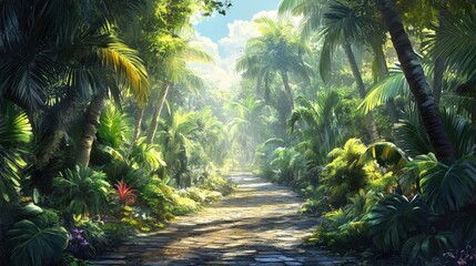 Lush Tropical Paradise: Sunlit Path Through a Verdant Jungle