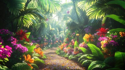 Lush Tropical Paradise: A Sunlit Path Through Vibrant Flowers and Palm Trees