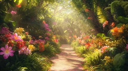 Sunlit Tropical Garden Path: A Serene Escape into Lush Nature