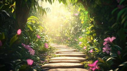 Sunlit Stone Path Through a Lush, Tropical Garden Paradise