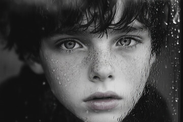 Woman staring out window with rain falling on her face, lost in thought.