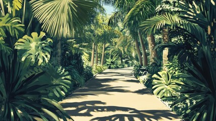 Serene Tropical Pathway: A Digital Painting of Lush Foliage and Tranquil Pathway