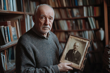 Older man holding a book in front of a bookshelf, focused expression, glasses perched on nose.assertInstanceOf.