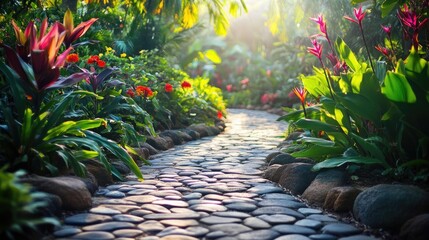 Serene Garden Path: A Sunlit Stone Walkway Through Lush Tropical Foliage