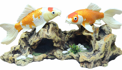 Decorative ornamental koi fish statue displayed on a rock formation