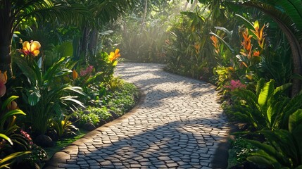 Serene Tropical Garden Path: A Sunlit Stroll Through Lush Greenery