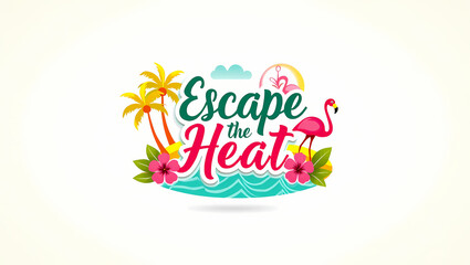 Naklejka premium Escape the Heat: A vibrant and inviting illustration that encourages viewers to seek refuge from the sun's intensity, featuring tropical elements and a playful color palette.