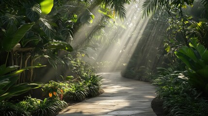 Sunbeams Illuminating a Serene Tropical Garden Path