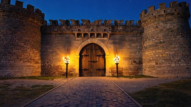 Medieval castle gate at night, stone fortress, pathway, starry sky, historical landmark, tourism, travel, scenic view