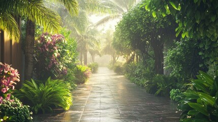 Serene Tropical Pathway: A Misty Morning Stroll Through Lush Greenery