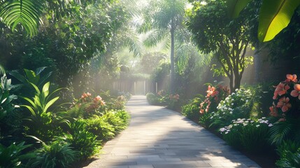 Serene Tropical Garden Path: A Sunlit Walk Through Lush Greenery