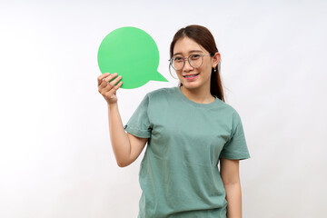 Woman shows blank paper page with speech saying something
