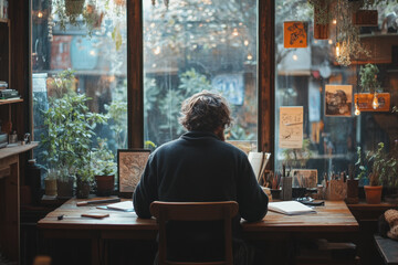 Person sitting at desk with laptop, deep in thought, surrounded by papers and coffee mug. Bright window in the background illuminating the room.
