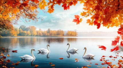 Autumn Serenity: Swans on a Calm Lake