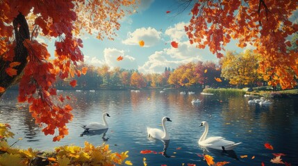 Serene Autumnal Lake with Graceful Swans