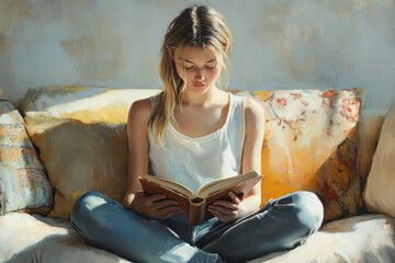 Woman engrossed in a book, sitting comfortably on a couch.