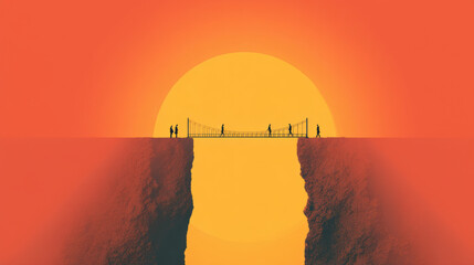 Bridge connects two cliffs against vibrant sunset, symbolizing connection and unity