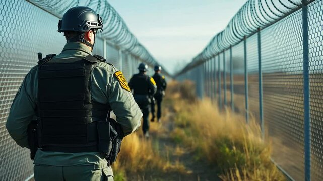 Border Patrol Agents on Patrol: Three border patrol agents walk along a path enclosed by a tall, razor-wire fence under a clear sky.  The focus is on the leading agent's back.