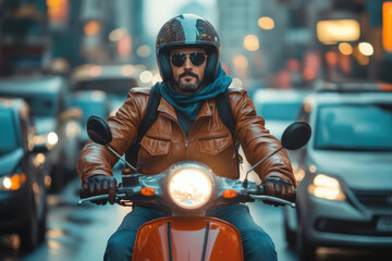 A man on a motorcycle speeds down a bustling city street, surrounded by skyscrapers, with cars and pedestrians in the background.
