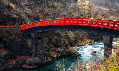 Red wooden bridge in Nikko, Japan