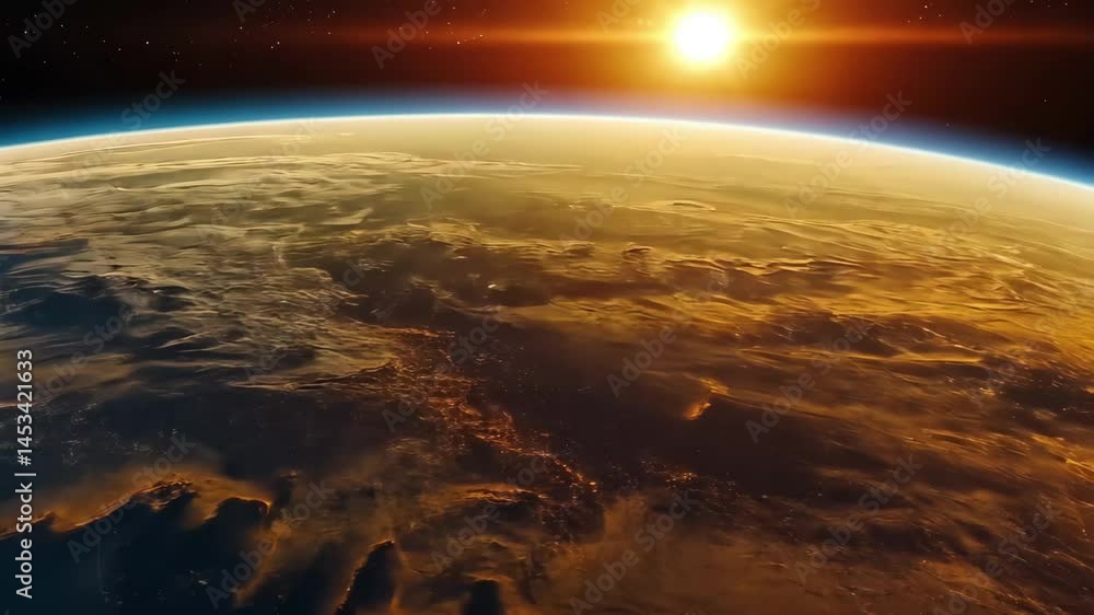 Aufkleber Stunning view of Earth's atmosphere and sunrise from space captured in high resolution, Earths atmosphere as viewed from space with the suns light starting to rise as the earth rotates