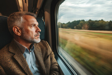 Man in a suit and tie sitting on a train.