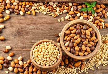 Fototapeta premium Rustic wooden bowls overflowing with various nuts, grains, and seeds; ample empty space, kitchen, food
