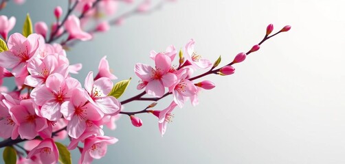 Fototapeta premium Realistic pink cherry blossom bouquet, branches, leaves, petals Vector illustration, realistic, blooming