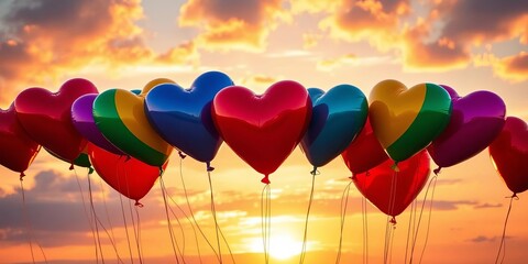 Rainbow heart-shaped balloons floating against a vibrant sunset, unity, bright