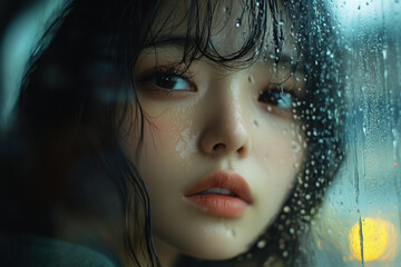 Young girl at window, rain on her face.