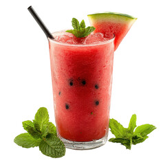 Refreshing watermelon smoothie with mint and straw summer drink recipe on transparent background