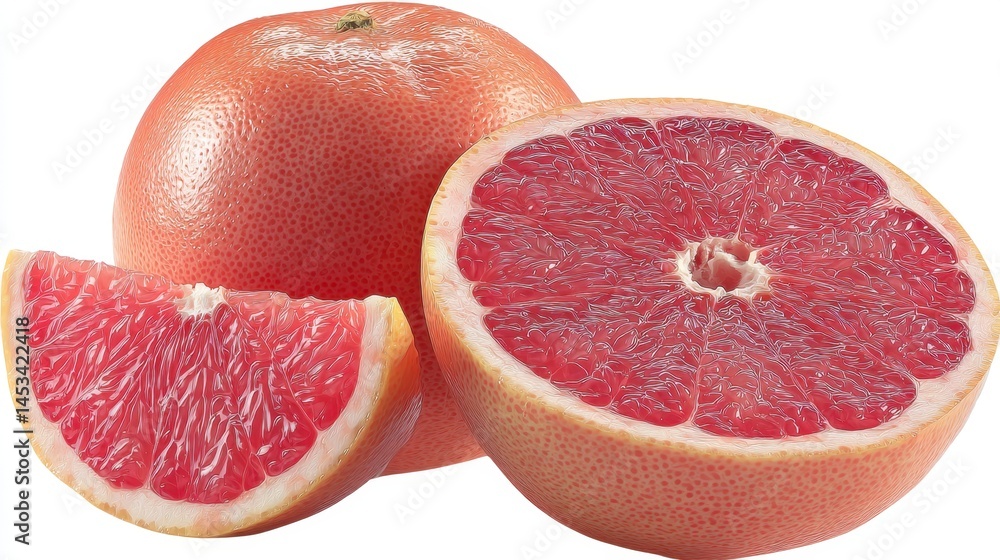 Poster fresh ruby red grapefruit still life featuring whole half and slice on white backdrop
