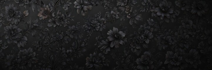 Luxurious black floral wallpaper, deep textures & intricate patterns, subtle, sophisticated, dramatic