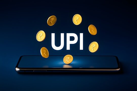 UPI digital payment mobile transaction online banking money transfer rupee symbol smartphone wallet finance india technology currency coin app cashless secure fintech service concept