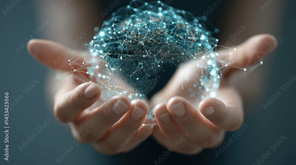 Poster hands holding digital globe representing global network connection