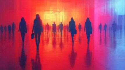 Fototapeta premium Abstract digital illustration of people walking in a vibrant hall.