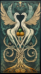 fantasy art, stylized birds, golden fruit, mythical tree, ornate design, surreal forest, magical realism, decorative illustration, nature symbolism, vertical composition, mystical creatures, enchanted