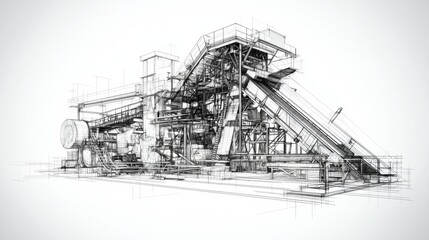 Obraz premium Industrial machinery design sketch showcasing a complex conveyor system and processing equipment in a manufacturing setting