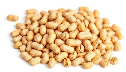 Pile of shelled peanuts isolated on white background, healthy snack, isolated, food photography