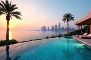 Obraz premium Infinity pool, Dubai skyline vista, Palm villa luxury, high rise, sleek, palm