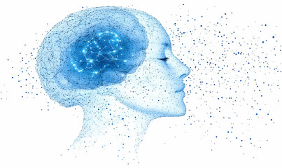 Digital illustration of human head with brain showing connection and network concepts